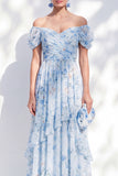 Vestido largo de chiffon azul A-line con flor de chiffon largo de madre de la novia