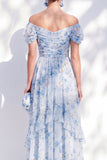 Vestido largo de chiffon azul A-line con flor de chiffon largo de madre de la novia