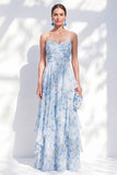 Vestido de Madre de la novia largo de chiffon azul A-line floral fino, tirantes largos