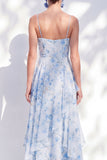 Vestido de Madre de la novia largo de chiffon azul A-line floral fino, tirantes largos