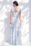 Vestido largo largo de madre de la novia de chiffon A-line azul con escote en V y volantes con volantes