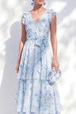 Vestido largo largo de madre de la novia de chiffon A-line azul con escote en V y volantes con volantes