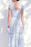 Vestido largo largo de madre de la novia de chiffon A-line azul con escote en V y volantes con volantes