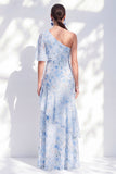 Vestido largo de madre de la novia azul sirena de gasa, floral de un hombro con volantes y abertura