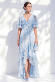 Vestido de madre de la novia, vestido de madre de novia con escote en pico azul mifón de mijón sirena