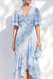 Vestido de madre de la novia, vestido de madre de novia con escote en pico azul mifón de mijón sirena