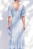 Vestido de madre de la novia, vestido de madre de novia con escote en pico azul mifón de mijón sirena