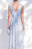 Vestido largo de madre de la novia, floal de chiffon azul A-line con escote en V y largo de abertura