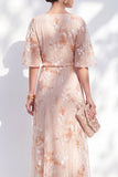 Camisón de Champán Sirena con cuello de bateo floral con volantes largo vestido de madre de la novia