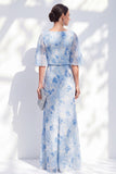 Vestido largo de madre de la novia sirena azul claro de gasa de gasa floral con volantes