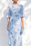 Vestido largo de madre de la novia sirena azul claro de gasa de gasa floral con volantes
