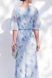 Vestido largo de madre de la novia sirena azul claro de gasa de gasa floral con volantes