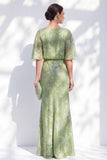 Vestido largo de madre de novia de sirena verde sirena de gasa floral con volantes