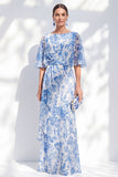 Vestido largo de Madre de la novia con escote de chiffon de sirena flor azul azul