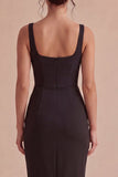 Vestido formal negro bodycon midi de tirantes gruesos y abertura