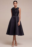 Vestido formal Midi negro de cuello redondo con lazo