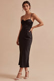 Vestido de corbata negra midi sirena con tirantes finos