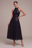 Vestido largo de corbata negra con lentejuelas de cuello alto brillante y brillante