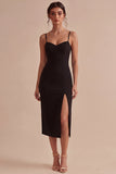 Vestido formal negro Bodycon tirantes midi con abertura
