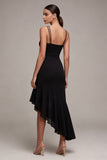 Vestido formal asimétrico sirena de tirantes finos negros con volantes