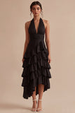 Vestido formal sin espalda sin espaldas en línea A negro con filo y con volantes