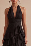 Vestido formal sin espalda sin espaldas en línea A negro con filo y con volantes
