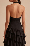 Vestido formal sin espalda sin espaldas en línea A negro con filo y con volantes
