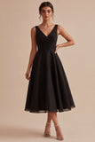 Vestido formal negro de escote en V con arrugado A Line Midi