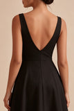 Vestido formal negro de escote en V con arrugado A Line Midi