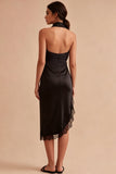Vestido formal de sirena negra midi con capestro sin espalda y abertura