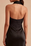 Vestido formal de sirena negra midi con capestro sin espalda y abertura