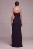 Vestido formal largo de sirena floral de cuello cuadrado negro con abertura