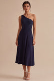 Vestido formal largo de un solo hombro Línea A azul marino