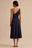 Vestido formal largo de un solo hombro Línea A azul marino