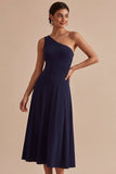 Vestido formal largo de un solo hombro Línea A azul marino