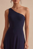 Vestido formal largo de un solo hombro Línea A azul marino