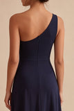 Vestido formal largo de un solo hombro Línea A azul marino