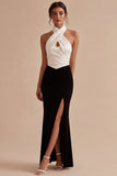 Vestido formal largo de sirena sin espalda en blanco y negro con ojo de cerradura y sin respaldo