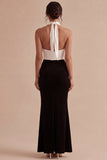 Vestido formal largo de sirena sin espalda en blanco y negro con ojo de cerradura y sin respaldo