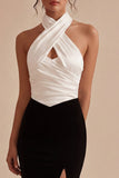 Vestido formal largo de sirena sin espalda en blanco y negro con ojo de cerradura y sin respaldo