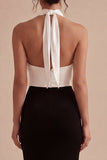 Vestido formal largo de sirena sin espalda en blanco y negro con ojo de cerradura y sin respaldo