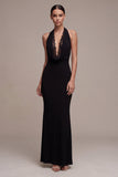 Vestido formal largo de sirena sin espalda con tope negro y encaje