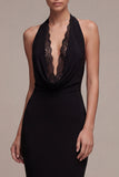 Vestido formal largo de sirena sin espalda con tope negro y encaje