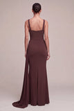 Vestido formal largo de sirena con cuello cuadrado marrón y capa lateral