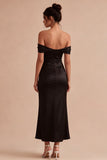 Vestido largo de sirena de satén negro con hombros descubiertos