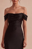 Vestido largo de sirena de satén negro con hombros descubiertos