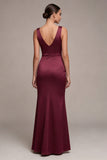 Vestido formal de satén sirena burdeos con abertura