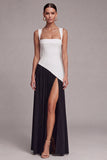 Corsé de bloques de color negro y blanco, cuello cuadrado y vestido formal con abertura