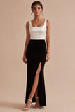 Vestido formal de cuello cuadrado en bloques de color sirena en blanco y con abertura
