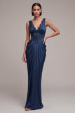Corsé de sirena azul marino Vestido formal de satén con encaje
